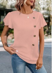 Pink Button Short Sleeve Round Neck T Shirt | thumb picture 