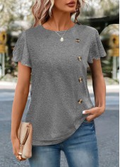 Grey Button Short Sleeve Round Neck T Shirt
