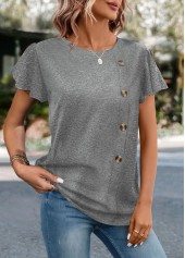 Grey Button Short Sleeve Round Neck T Shirt | thumb picture 