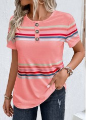 Pink Striped Short Sleeve Round Neck T Shirt