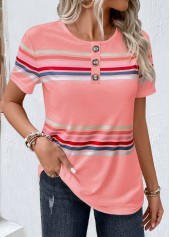 Pink Striped Short Sleeve Round Neck T Shirt