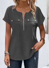 Grey Zipper Short Sleeve Round Neck Blouse