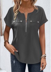 Grey Zipper Short Sleeve Round Neck Blouse | thumb picture 