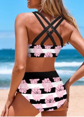 Criss Cross Mid Waisted Striped Black Bikini Set | thumb picture 