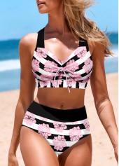 Criss Cross Mid Waisted Striped Black Bikini Set