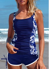 Ruched Mid Waisted Floral Print Blue Tankini Set