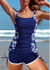 Ruched Mid Waisted Floral Print Blue Tankini Set