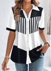 White Button Striped Short Sleeve Shirt Collar Blouse