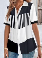 White Button Striped Short Sleeve Shirt Collar Blouse | thumb picture 