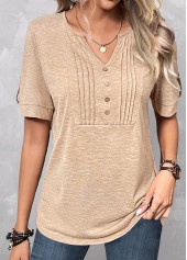 Light Camel Button Short Sleeve T Shirt