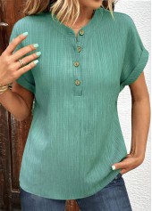 Green Button Short Sleeve V Neck T Shirt