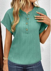 Green Button Short Sleeve V Neck T Shirt