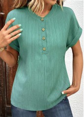 Green Button Short Sleeve V Neck T Shirt