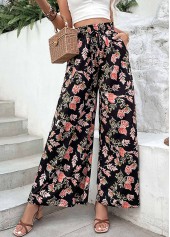 Black Lightweigh Floral Print Elastic Waist Pants