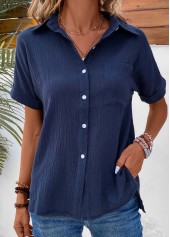 Navy Pocket Short Sleeve Shirt Collar Blouse