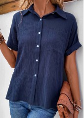 Navy Pocket Short Sleeve Shirt Collar Blouse | thumb picture 