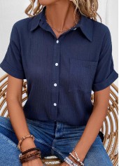 Navy Pocket Short Sleeve Shirt Collar Blouse | thumb picture 