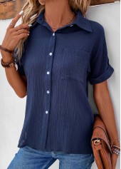 Navy Pocket Short Sleeve Shirt Collar Blouse | thumb picture 