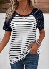 Navy Patchwork Striped Short Sleeve T Shirt | thumb picture 