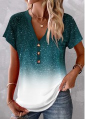 Turquoise Button Ombre Short Sleeve V Neck Blouse