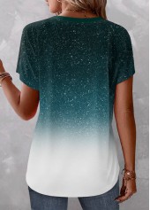 Turquoise Button Ombre Short Sleeve V Neck Blouse