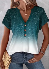 Turquoise Button Ombre Short Sleeve V Neck Blouse