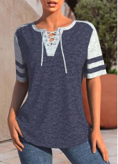 Navy Lace Up Short Sleeve T Shirt