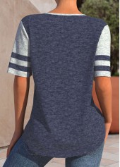 Navy Patchwork Short Sleeve Lace Up Collar Blouse | thumb picture 