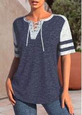 Navy Patchwork Short Sleeve Lace Up Collar Blouse | thumb picture 