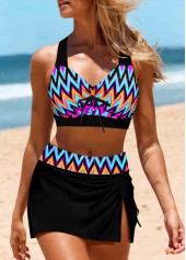 Bowknot Mid Waisted Chevron Print Black Bikini Set
