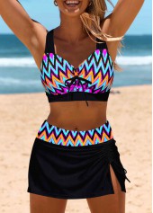 Bowknot Mid Waisted Chevron Print Black Bikini Set