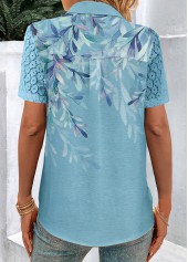 Blue Button Plants Print Short Sleeve Shirt Collar Blouse | thumb picture 