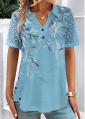 Blue Button Plants Print Short Sleeve Shirt Collar Blouse