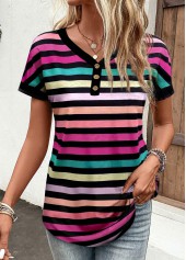 Multi Color Button Striped Short Sleeve T Shirt