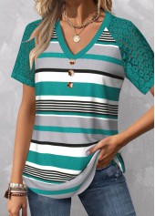 Cyan Patchwork Striped Short Sleeve T Shirt
