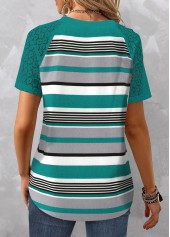 Cyan Patchwork Striped Short Sleeve T Shirt