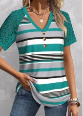 Cyan Patchwork Striped Short Sleeve T Shirt