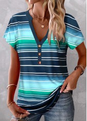 Peacock Blue Button Striped Short Sleeve T Shirt