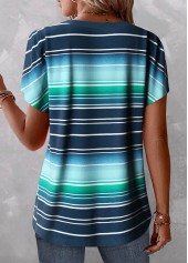 Peacock Blue Button Striped Short Sleeve T Shirt