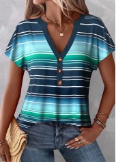 Peacock Blue Button Striped Short Sleeve T Shirt