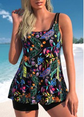 Scoop Neck Floral Print Black Tankini Set