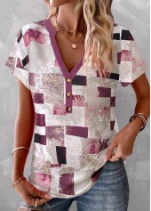 Multi Color Button Geometric Print T Shirt