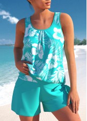 Bowknot Mid Waisted Tropical Plants Print Tankini Set