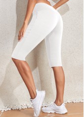White Mid Waisted Knee Length Elastic Waist Leggings | thumb picture 