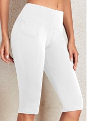 White Mid Waisted Knee Length Elastic Waist Leggings | thumb picture 