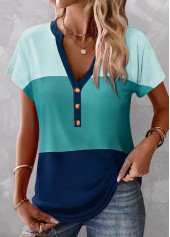 Blue Button Short Sleeve V Neck Blouse