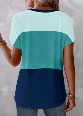 Blue Button Short Sleeve V Neck Blouse