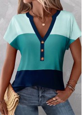 Blue Button Short Sleeve V Neck Blouse