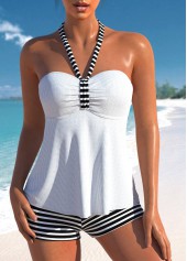 Drawstring High Waisted Striped White Tankini Set