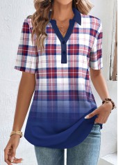 Multi Color Button Plaid Short Sleeve Split Neck Blouse